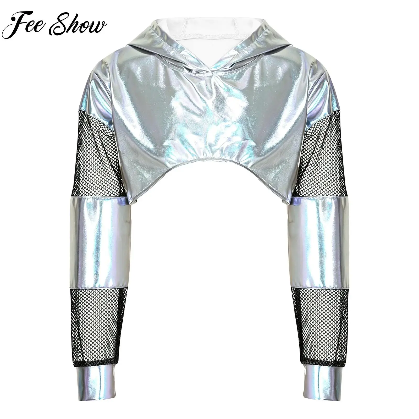 Kids Girls Metallic Hoodie Pullover Sweatshirt for Hip-hop Jazz Modern Dance Sheer Mesh Patchwork Long Sleeve Hooded Cropped Top