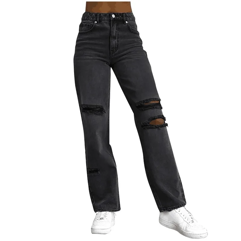 

European and American Foreign Trade Cross-border Supply, Hole-ripped Slim-fit Solid-color Denim Trousers Women Wear-resistant