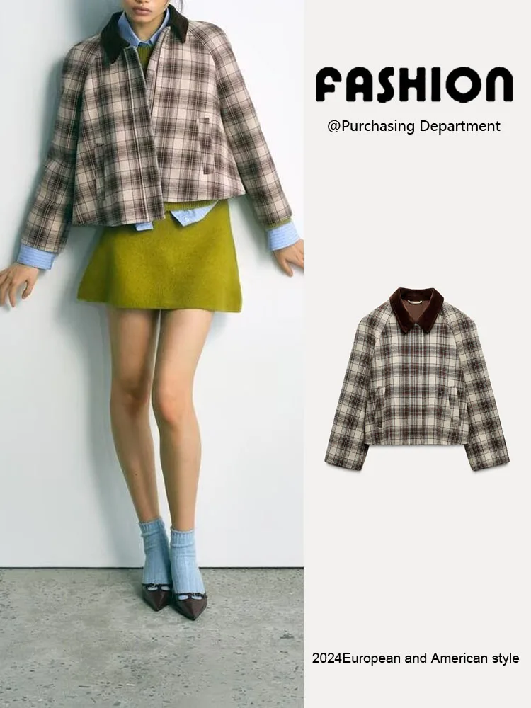 

Spring New Arrival Women's Plaid Print Long Sve Collared Casual Versatile Jaet Outerwear Commute Sle Single Piece