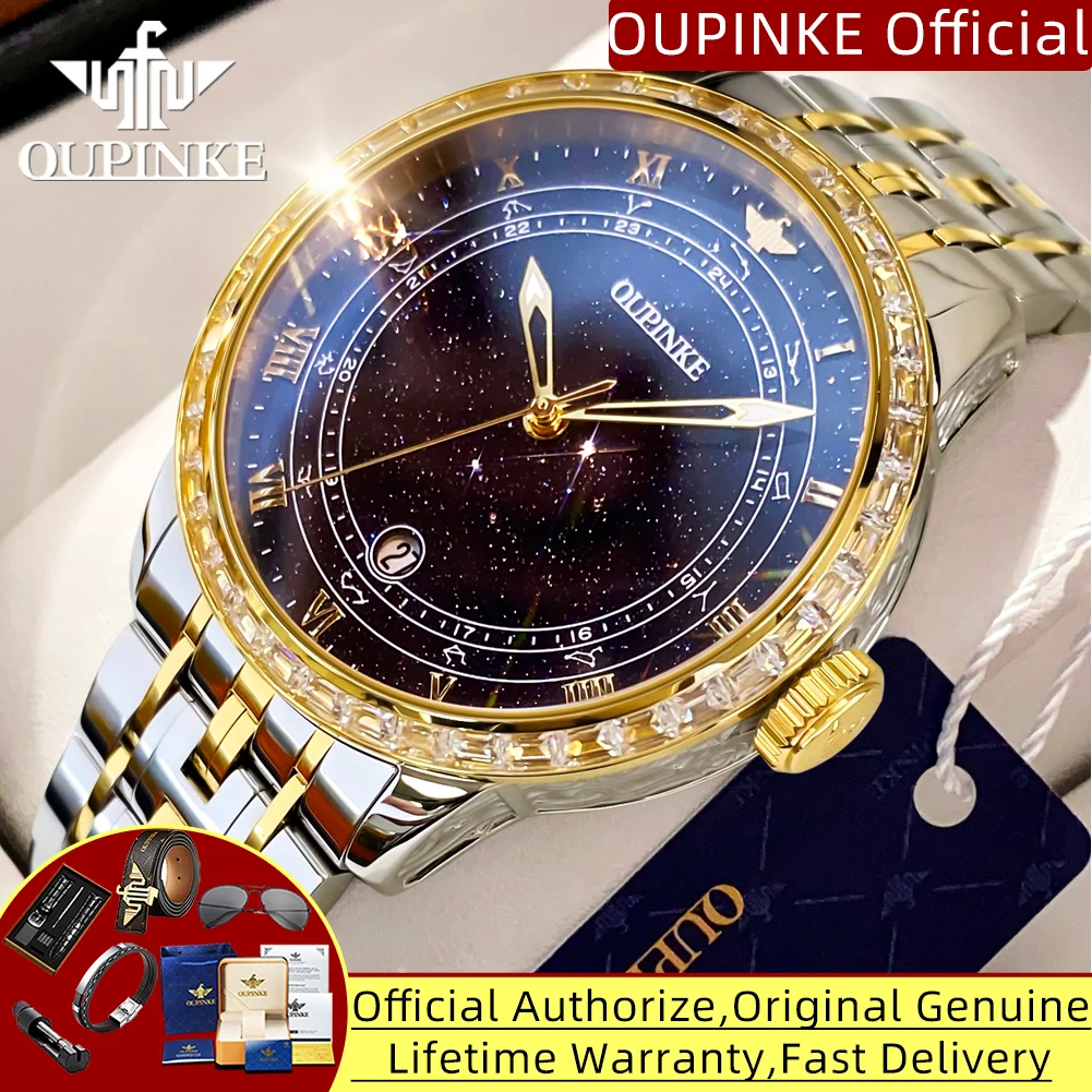 OUPINKE Original Automatic Mechanical Watch for Men Star Diamond Design Luminous Waterproof Men's Wristwatch Luxury Montre Homme