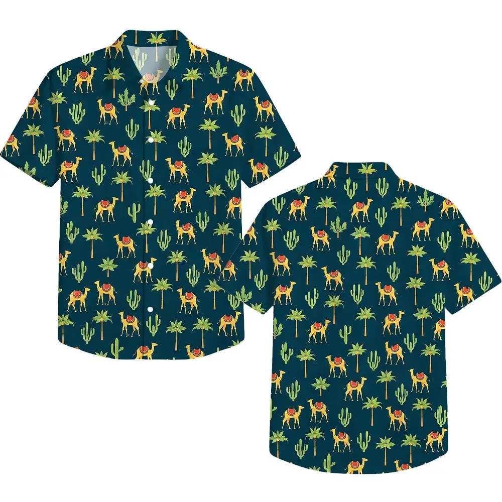 Men Cotton Hawaiian Shirt Western Desert Cactus Print Short Sleeve Button Up Summer Beach Aloha Vacation Loose Party Tops
