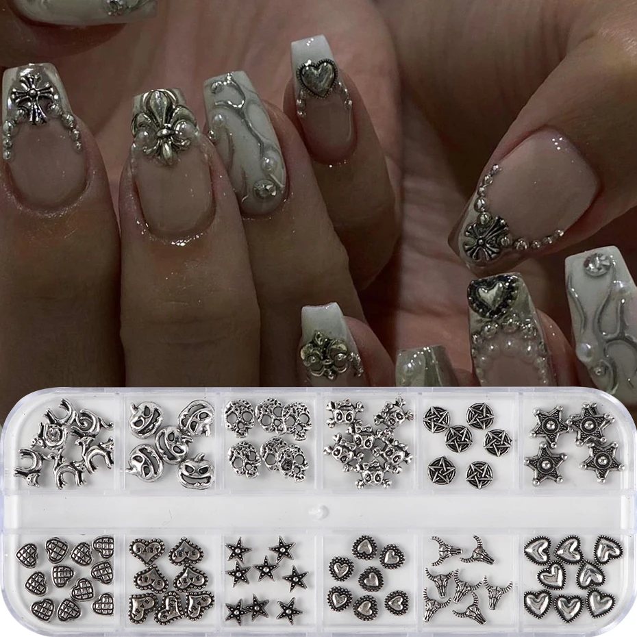 12 Grids Vintage Alloy Nail Decoration Kit Featuring Heart, Star, Animals Y2K Style Charms Punk Metal Rivet Nail Additions DIY