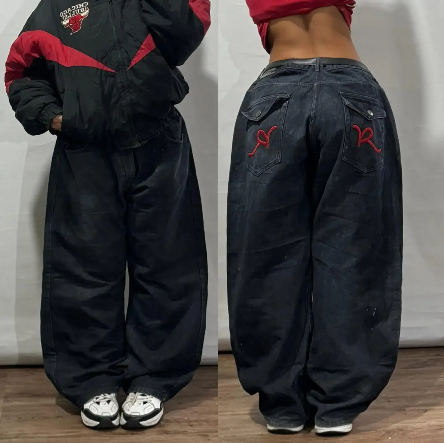 

2024 New American Retro Skull Wings Embroidered Baggy Jeans Men And Women Y2K Harajuku Hip-hop Gothic Wide Trousers Streetwear