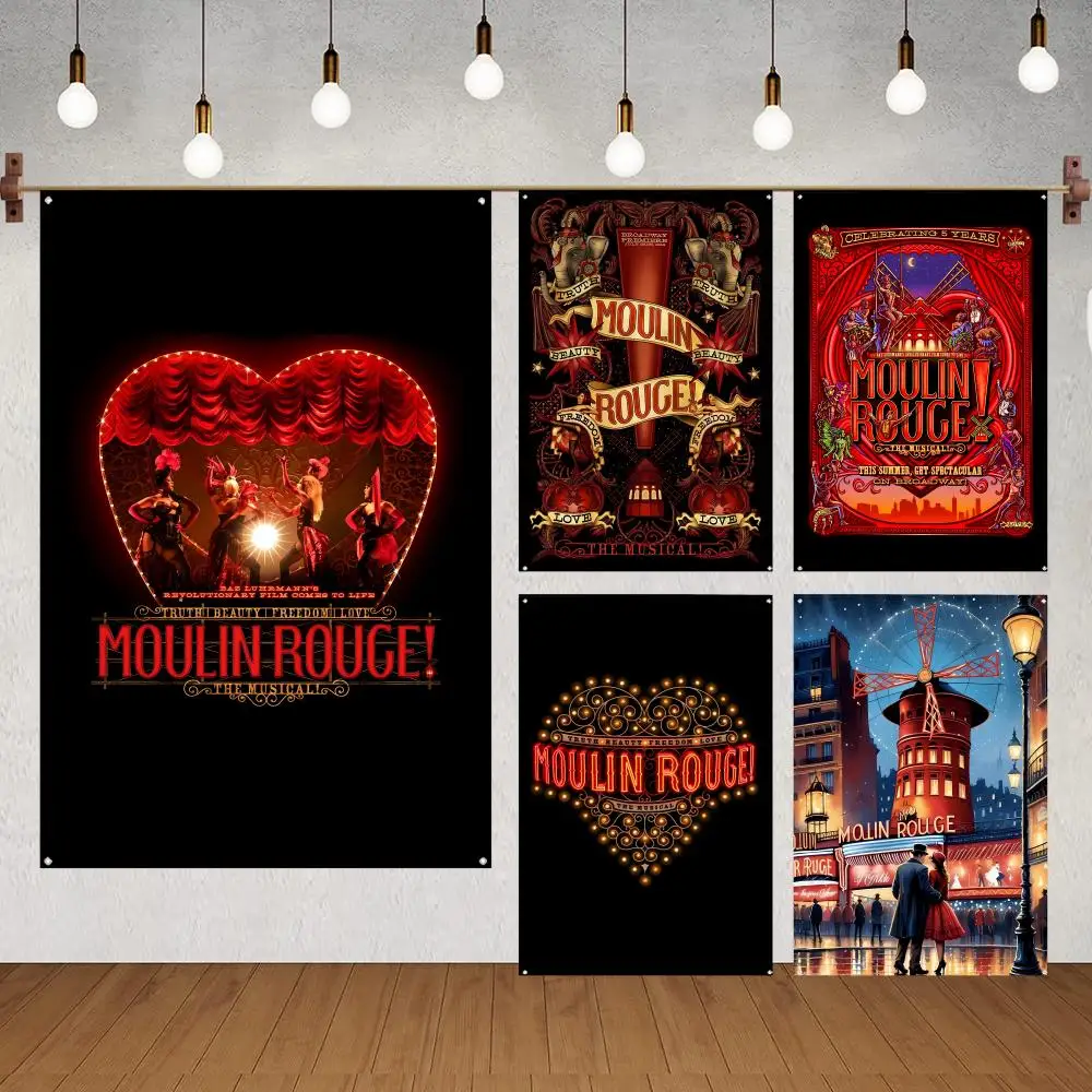 Fashion Elegant And Retro M-Moulin Rouge Flags Flags for indoor decoration with no edging and four corner rings for easy hanging