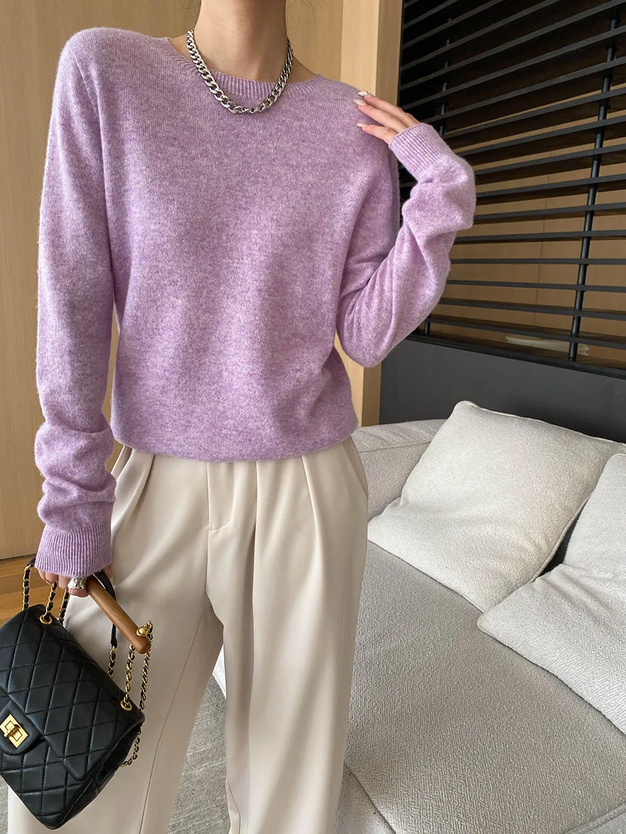 Spring and Autumn Wool Women's Casual Solid Color Round Neck Long Sleeve Sweater