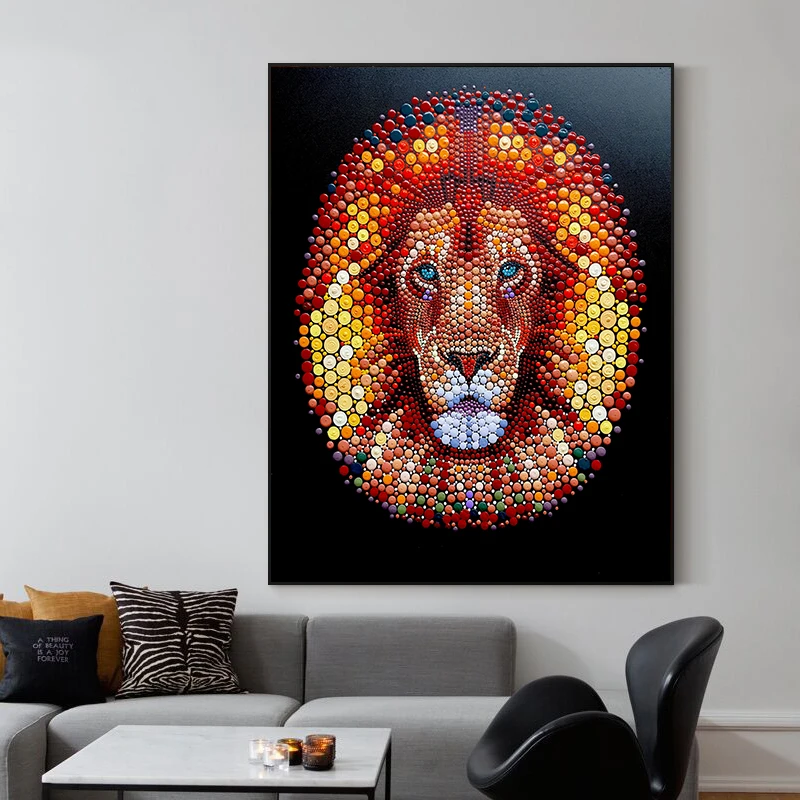 Customizable Pure Handpainted Polka Dot Color Art Oil Painting Lion Animal Modern American Style Living Room Decorative Painting