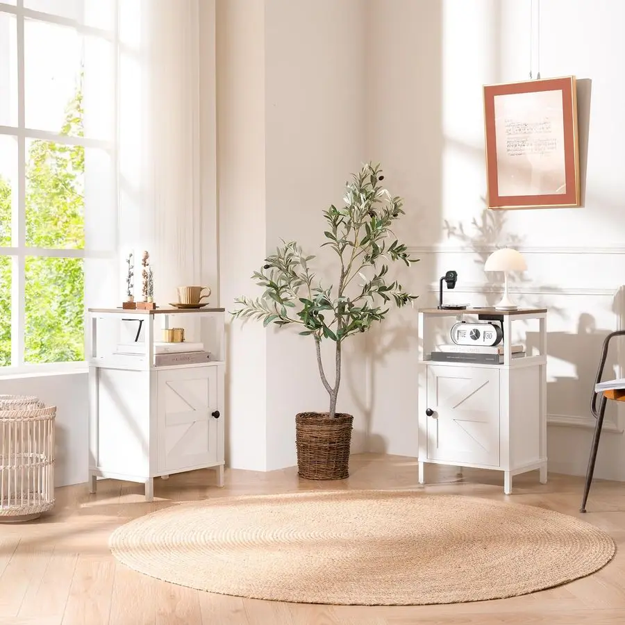 

Farmhouse NightStand with Charging StationWood Night Stand End Table with USB Ports, LED Bed Side Table with Storage CabinetBeds