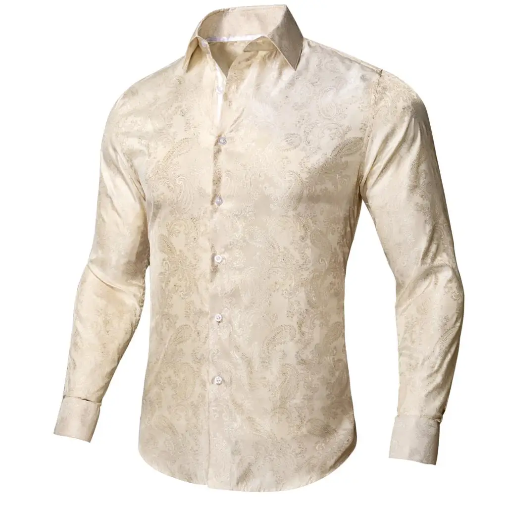 Hi-Tie Ivory Champagne Paisley  Silk Men\'s ShirtLong Sleeve Casual Shirts For Men Jacquard Male Business Party Wedding Dress