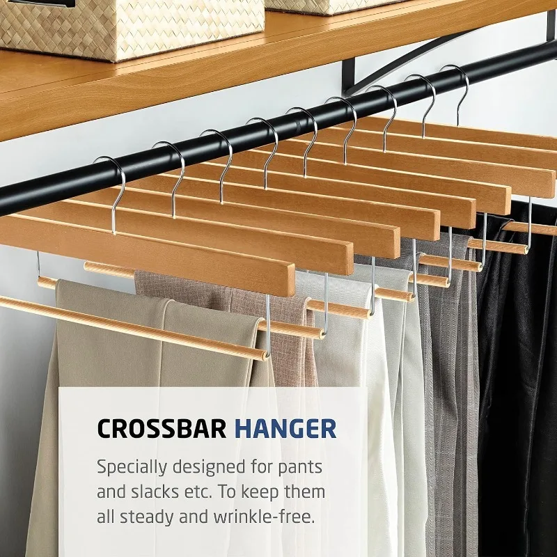 Wooden Slack/Trouser Pants Hangers with Non Slip Bar (10 Pack) Smooth Finish, Slim & Sleek Space Saving Closet Hangers