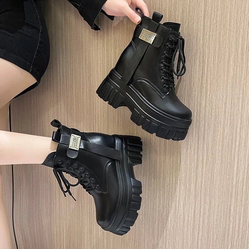 Women\'s High Platform Motorcycles Boots Winter 10CM Wedge Heels Warm Ankle Boots Chunky Sneakers New Autumn Leather Shoes Woman