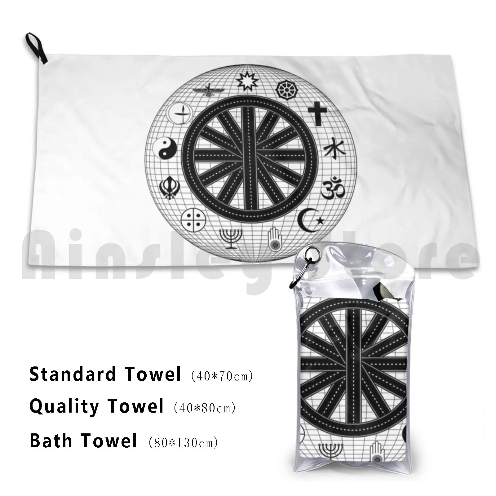 Mundo de las religiones globales. Toalla de baño personalizada Ahimsa Ahura Mazda Bahai Budismo negro cristiano