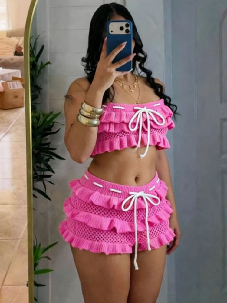Women's Summer Knited 2 Two Pieces Sets Suit Hollow Out Sleeveless Beach Crop Tops And Ruffle Shorts Pants Beach Holiday