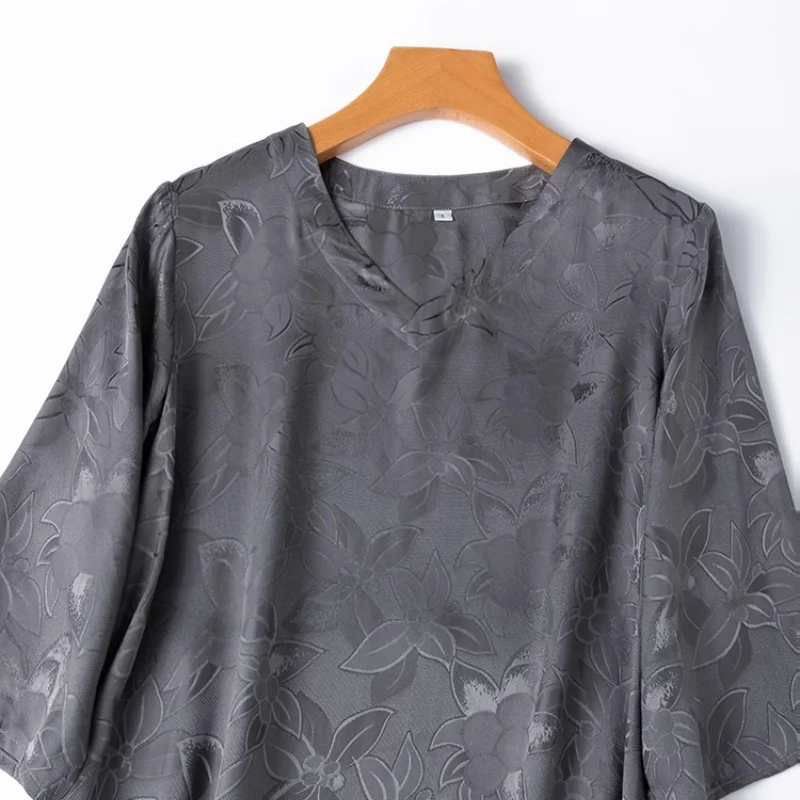 Birdtree Damska Sukienka z Jedwabiu Morwowego 100%, 18MM, Żakardowa Sukienka z Krótkim Rękawem, Dekolt w Serek, Długa Spódnica w Jednolitym Kolorze, Sukienka w Stylu Dojazdowym D55041JF