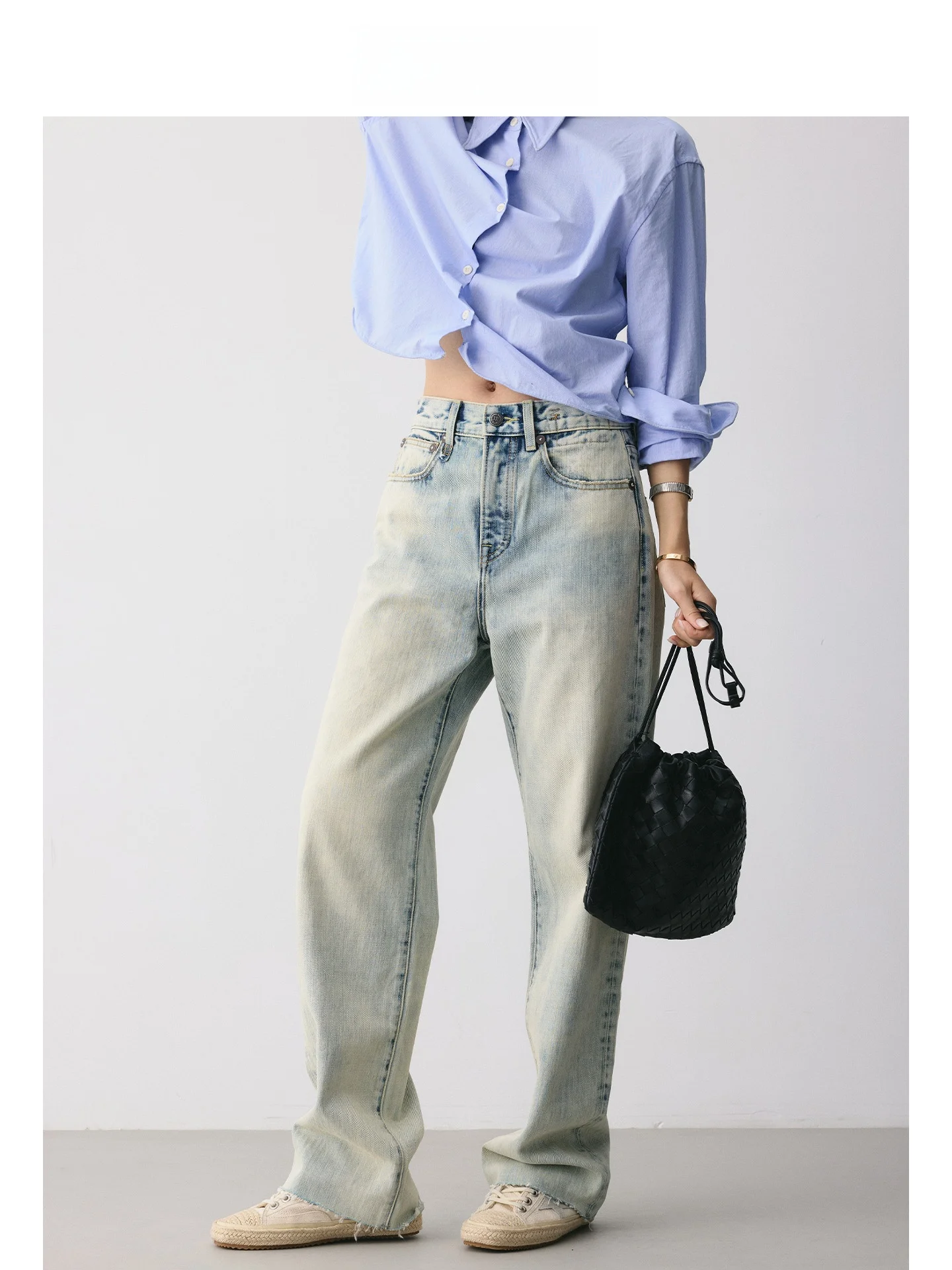 

Винтажные светло-голубые джинсы Mincollection с рваным краем, прямые, с высокой талией, из смесового хлопка, с застежкой-молнией, не желтеющие