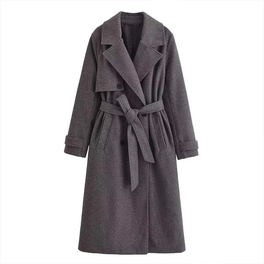 Elegant Grey Color Big Turn Down Collar Double Breasted Long Sleeves Pocket Belt Desing Women Loose Long Classic Coat ZATAF New