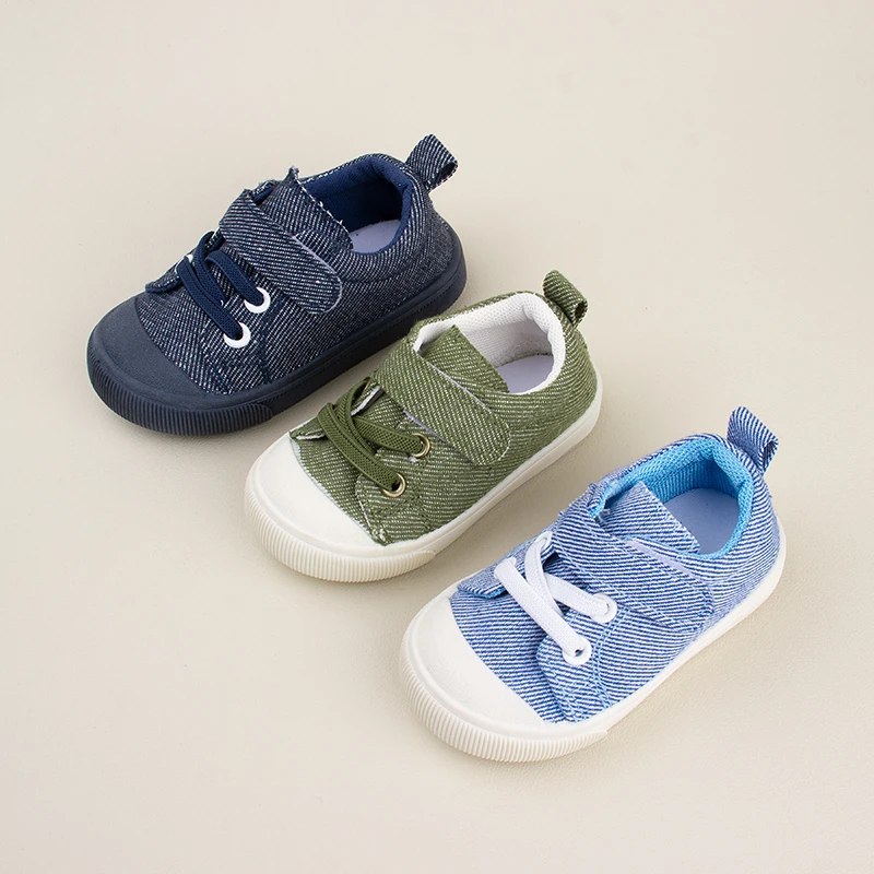 Children Anti-kick Running Shoes Little Boys Spring New Styles Low-top Stripe Design Canvas Shoes EK9S260