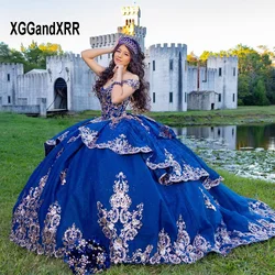 Royal Blue Quinceanera Dresses 2024 Off Shoulder Gold Appliques Corset Back Layer Princess Sweet 16 Vestido De 15 Quinceañera