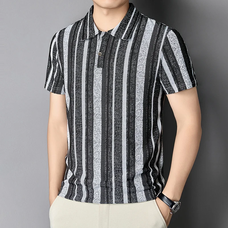 Herren Strukturierte Vertikal Gestreifte Kurzarm-Poloshirts Lässige Business-Oberteile Atmungsaktiv Knitterfrei Sommerkleidung – Detail 26