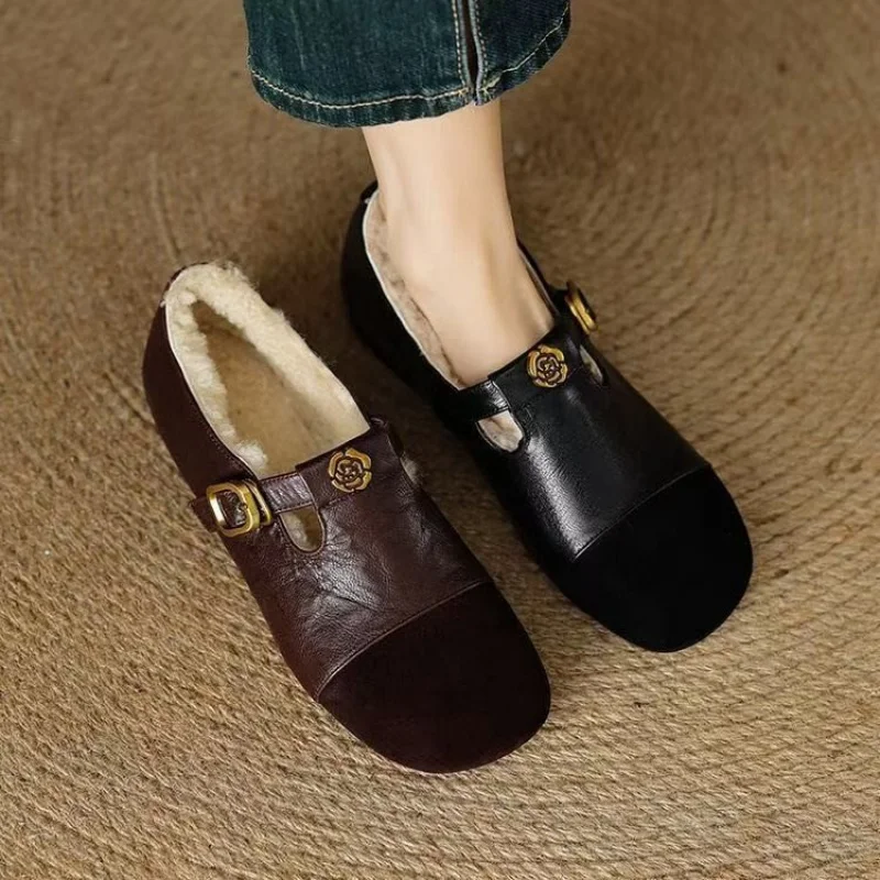 

Винтажная женская обувь Мэри Джейн, новая зимняя хлопковая обувь, универсальная теплая обувь на плоской подошве на флисовой подкладке