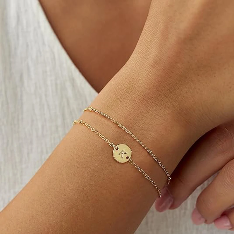 Easter Gifts for Girls 14K Gold Plated Initial Bracelets for Women Girls Letter Initial Bracelet Dainty Disc Monogram Bracelet