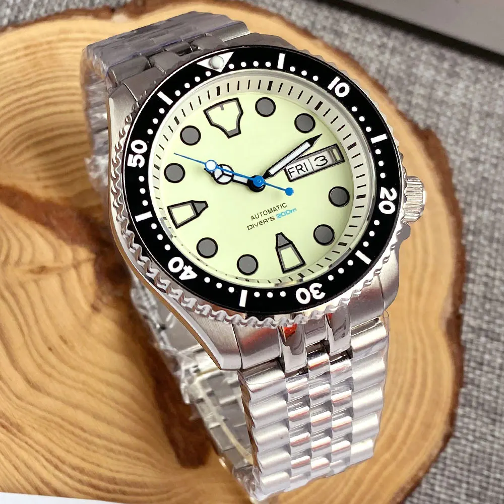 Tandorio 41mm NH35A 200M Waterproof Dive Automatic Watch Men Green Luminous Dial Sapphire Glass SKX Stainless Steel Bracelet