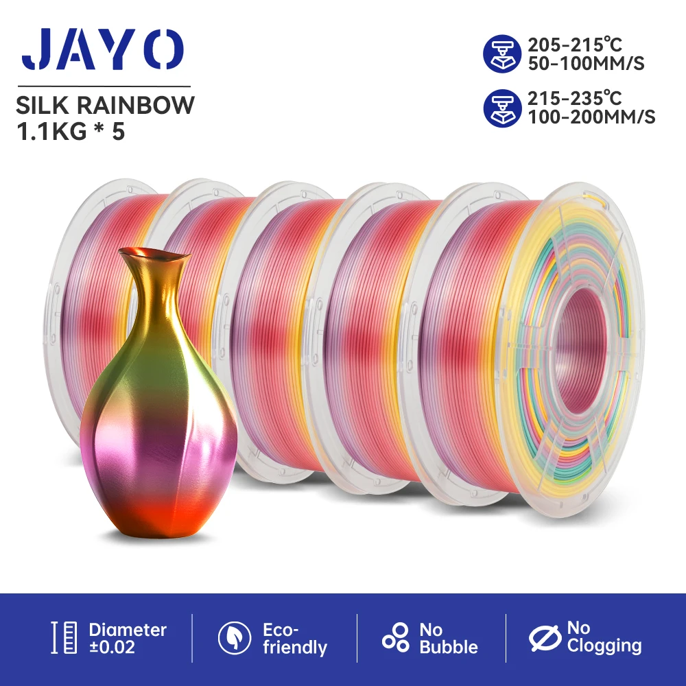 JAYO PLA Regenboog/ZIJDE Regenboog 3D-filament 5,5 kg PLA + 1,75 mm Netjes wond Goede taaiheid Kleurrijk voor FDM 3D-printmaterialen