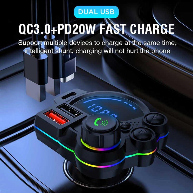 

Автомобильный адаптер-зарядное устройство Bluetooth 5.3 с 4 портами, быстрой зарядкой PD36W, QC3.0 18W, беспроводной FM-трансмиттер, поддержка громкой связи, USB-порт