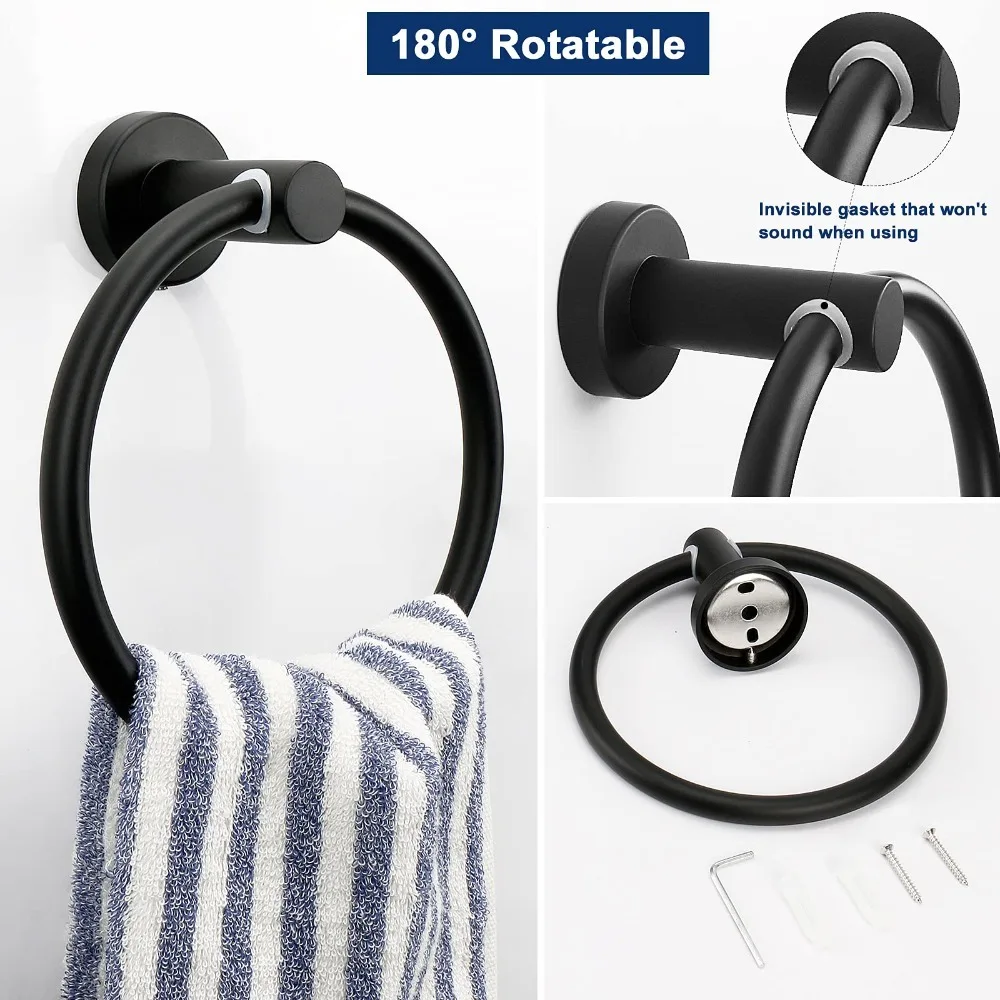 2-Piece Black Stainless Steel Bathroom Accessories Set Wall Mounted Toilet Paper Holder And Towel Ring Modern Minimalist Design