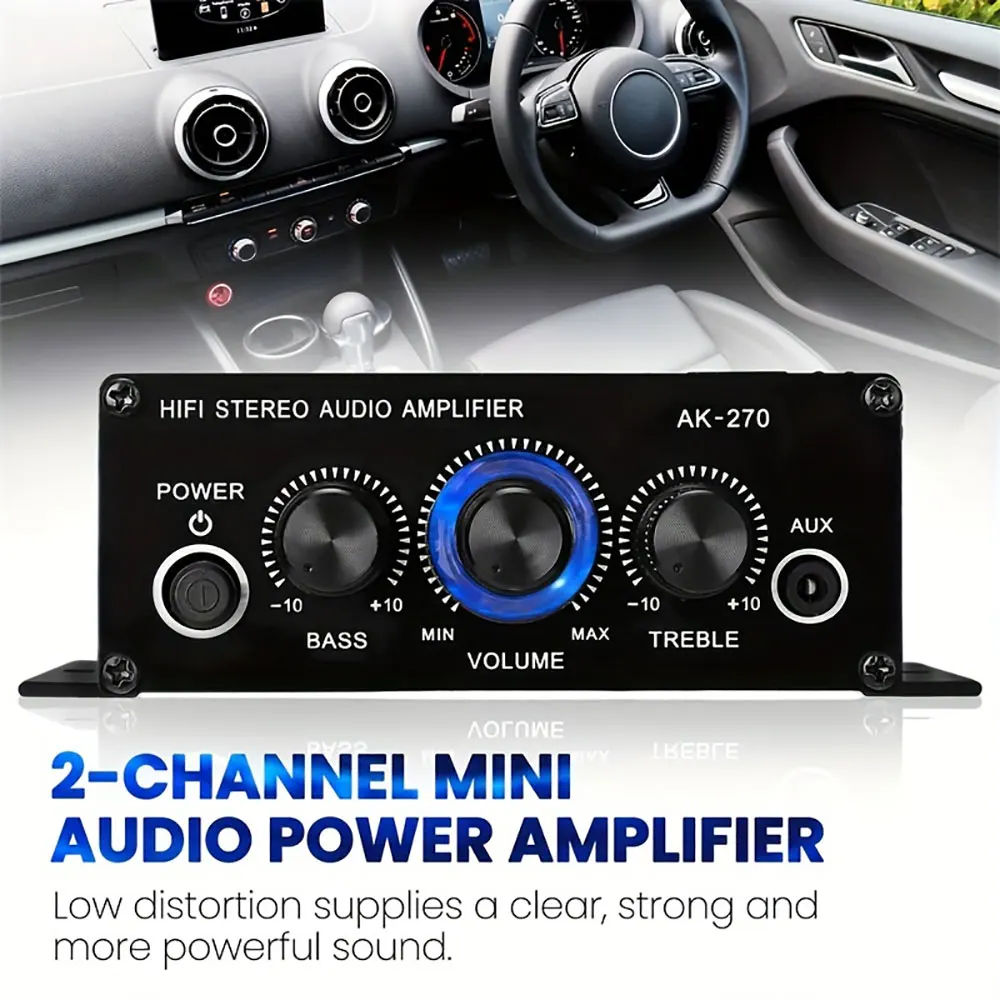 Mini Car Amplifier 2-Channel Home Cinema Sound System 12V Stereo Bass Treble 3D Stereo Audio Amplifier for Vehicle