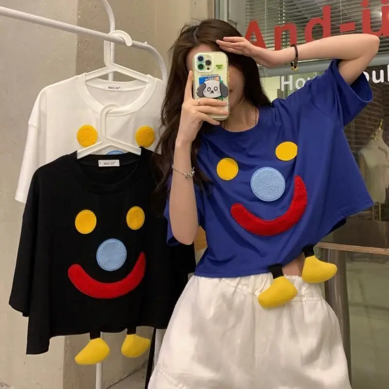 

Clown Short Upper Garment With Bare Feet And Navel For Women Short Sleeve O-Neck Cartoon Print Tees Casual Fashion Cute T Shirts