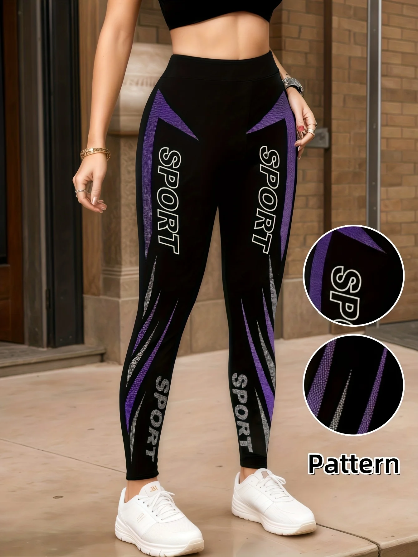 Women Mid‑Waist Fleece Lined Ankle Length Leggings SPORT Letter Purple Geometric Print Stretch Slim Warm Elastic Casual  Pants