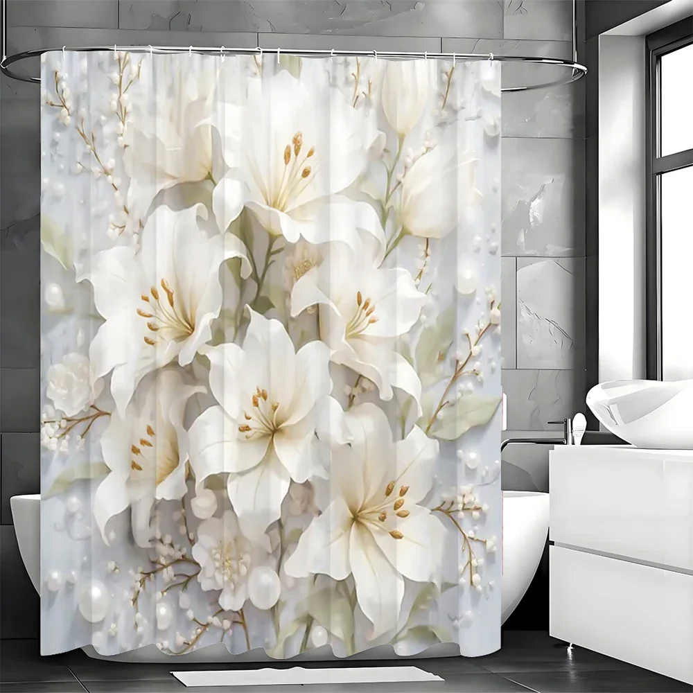 White Floral Pearl Shower Curtain, Bathroom Decorative Shower Curtain, Waterproof Shower Curtain with Hooks 2