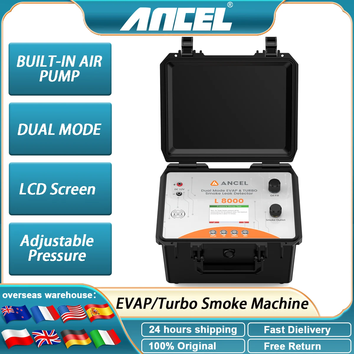 

ANCEL L8000 Turbo Smoke Machine LCD Screen EVAP System Tester Pipe Leakage Analyzer Built-in Air Pump Car Smoke Detector