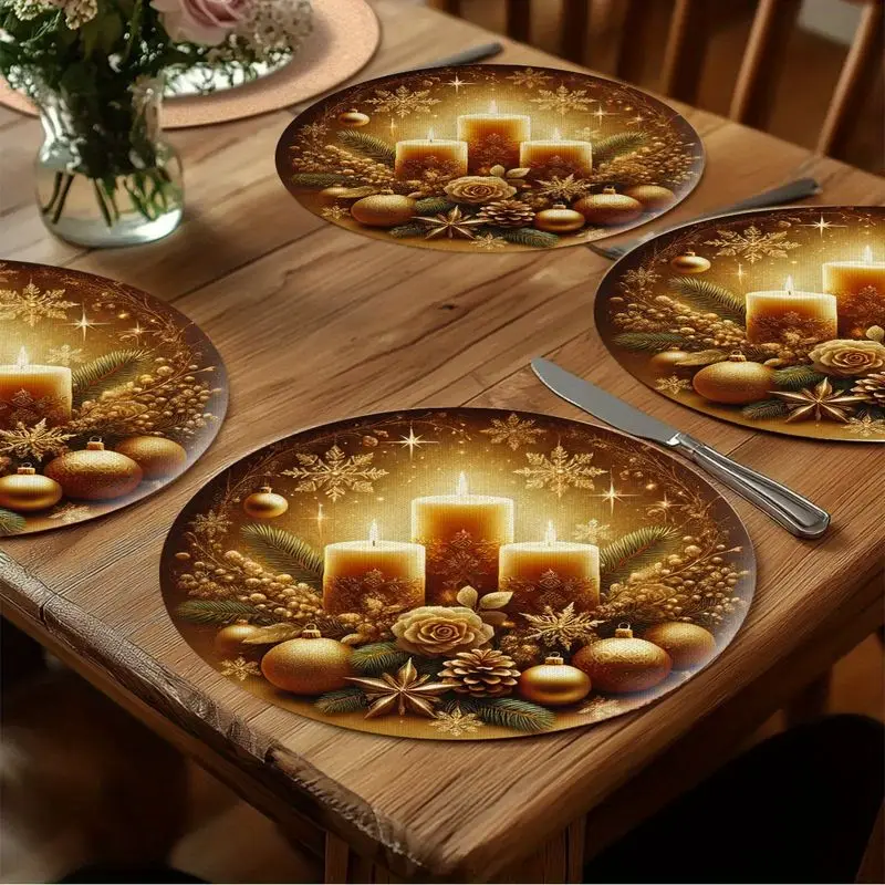 VIKAMA Christmas Placemat Gold Candle Pine Floral Linen Table Mat for Dining Kitchen Table Setting Decor