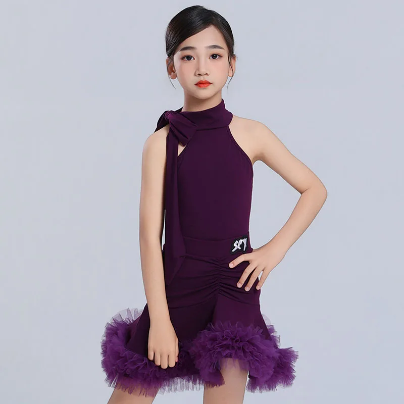 Red Velvet Latin Dance Suit For Kid Performance Show Outfit Halter Bodysuit Flounce Skirt Girl Rumba ChaCha Dancing Clothes