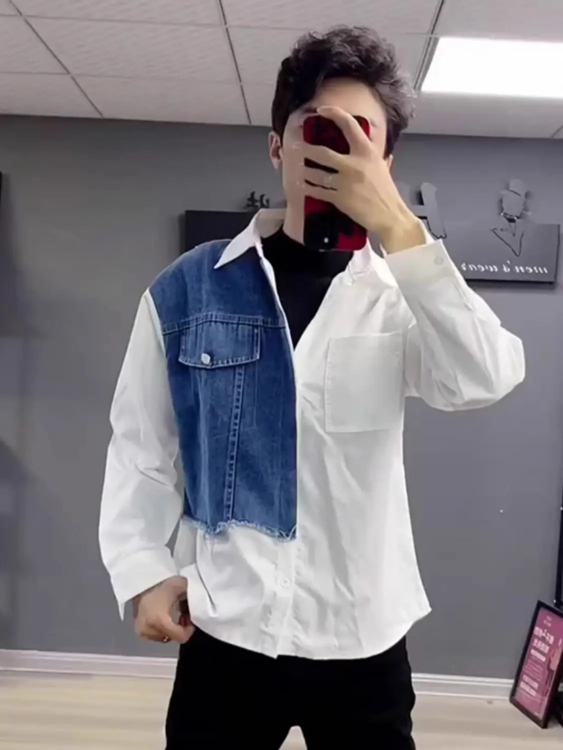 

Denim Patchwork Contrast Collar Shirt Men's High-End Design Unique Shirt Trendy Long Sleeve Coat JJ167