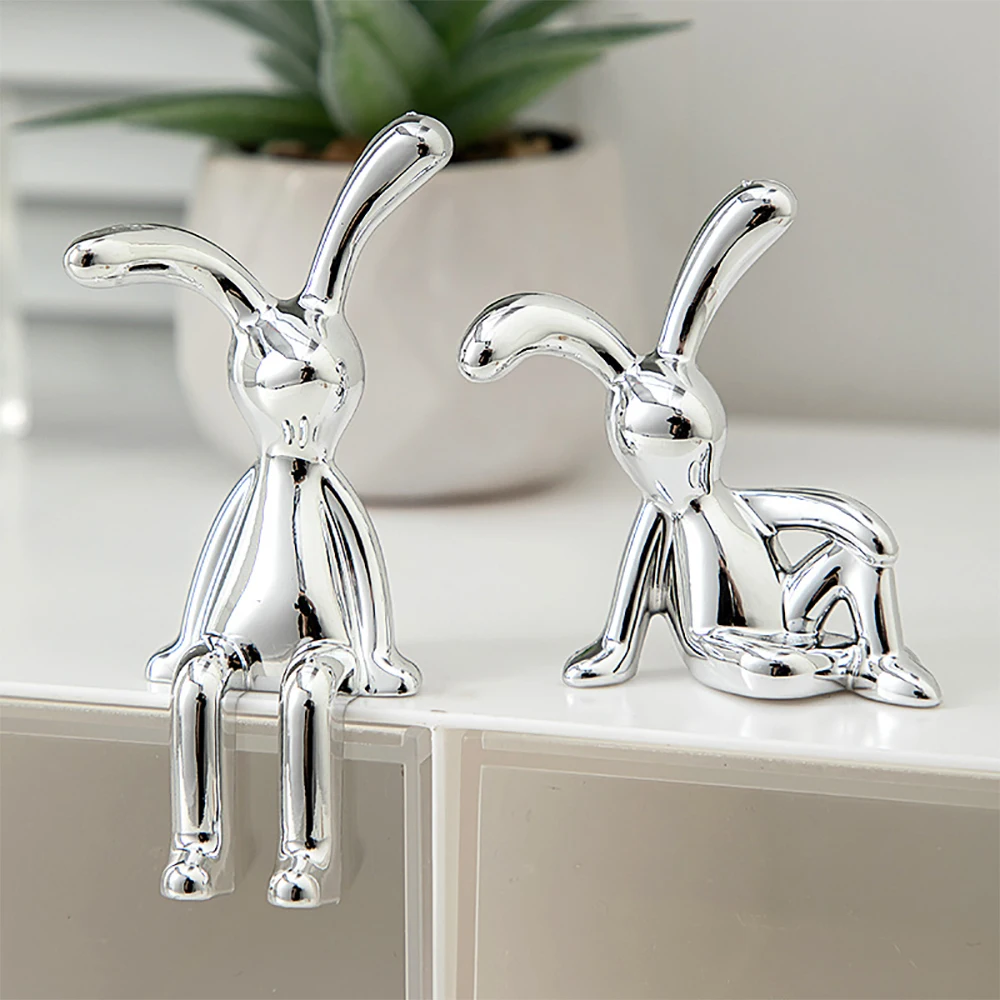 2PC Rabbit Decorative Ornaments Cartoon Long Eared Rabbit Center Console Decor Pastable Plating Rabbit Home Furnishings Ornament