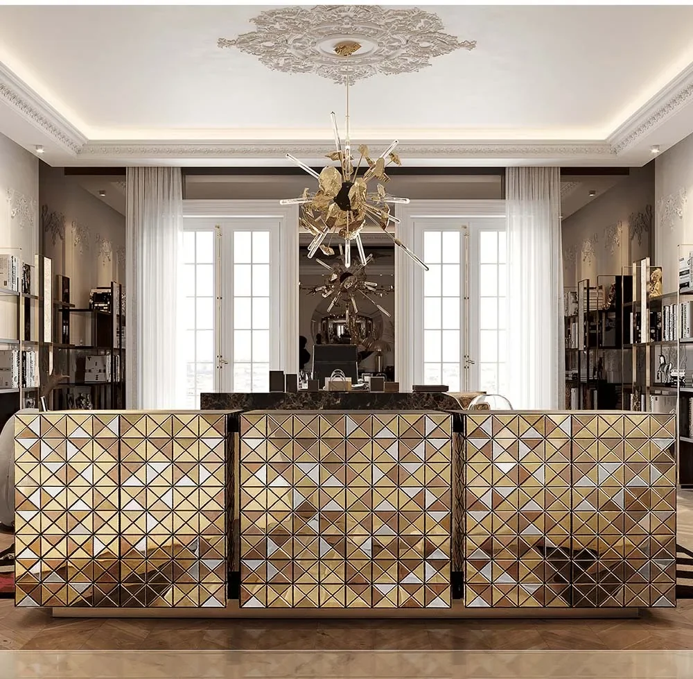 Luxury Light European Style Gold Stainless Steel Solid Wood Sideboard High-end Villa Restaurant Cabinet