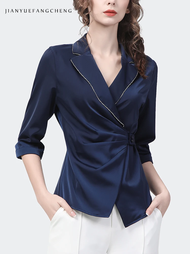 Fashion Suit Collar Women Spring Summer Blue Satin Shirt Outwear Elegant Slim Crossed V-neck Casual Working Ladies Tops