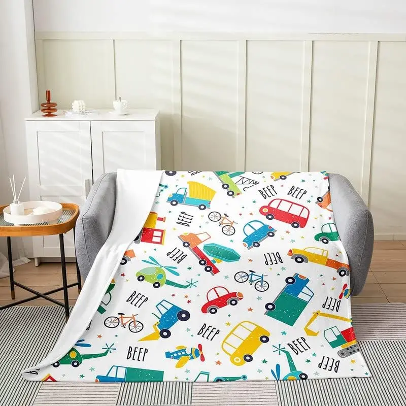 Cartoon Car Flannel Fleece Throw Blanket, Colorful Excavator All Season Bed Blanket Construction Site Cars Fuzzy Blanket