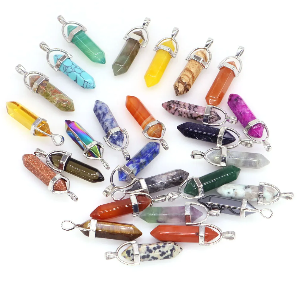 Wholesale Crystal Point Hexagonal Column Pendulum Pendant Natural Healing Chakra Stone Quartz Bullet DIY Jewelry Making Necklace