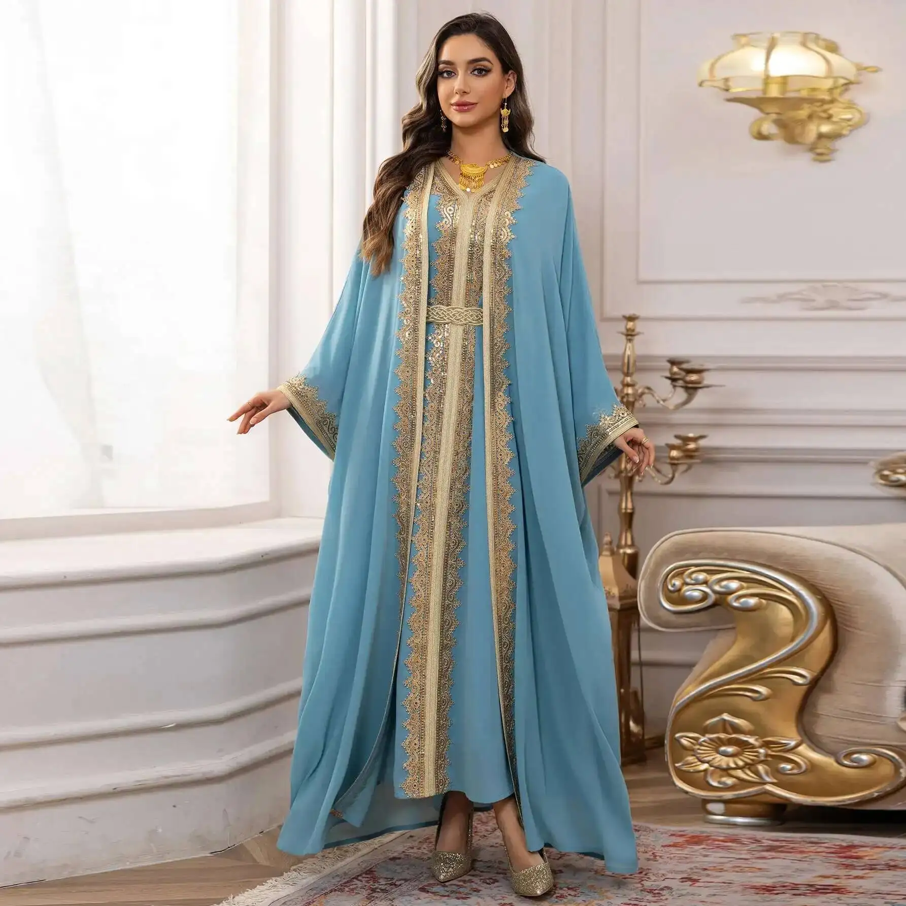 

Women's Ab465 Summer Lace Ribbon Splicing Robe Two Piece Set with Belt Chiffon Dress Abaya Ramadan Dubai Luxury Islam Elegant