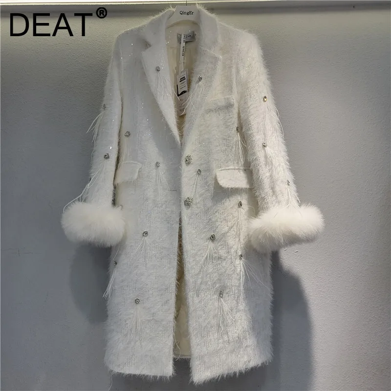 DEAT Women Coat Notched Collar Solid Color Cotton-padded Feathers Diamonds Thick Elegant Jackets 2024 New Fashion Winter 29L9016