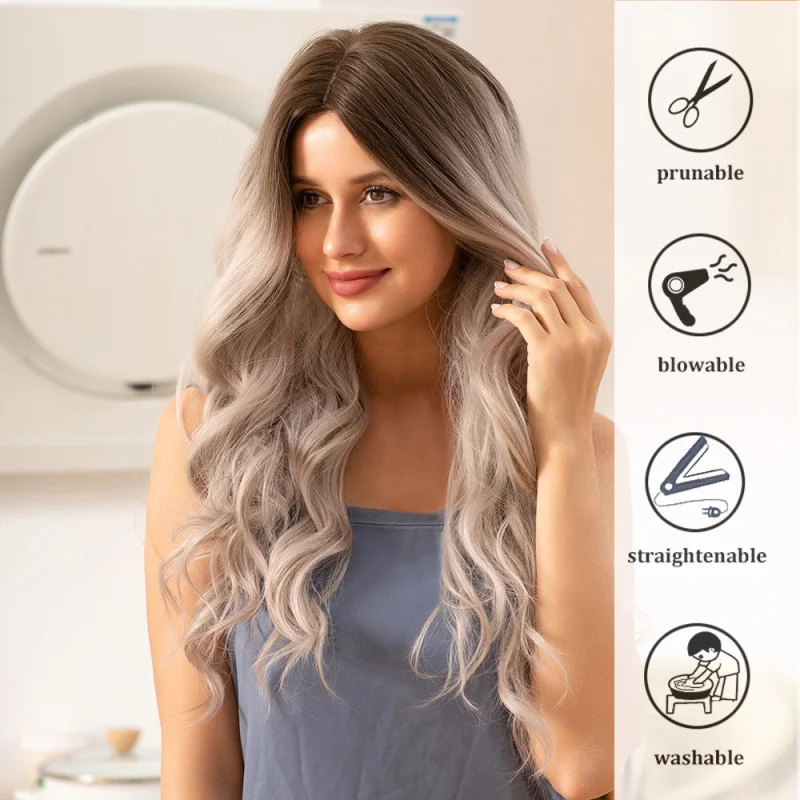 نمط جديد شعر مستعار موجة كبيرة للنساء أسود متدرج رمادي طويل مجعد الشعر مع الانفجارات الشعر الاصطناعية شعر مستعار كامل الرأس #2