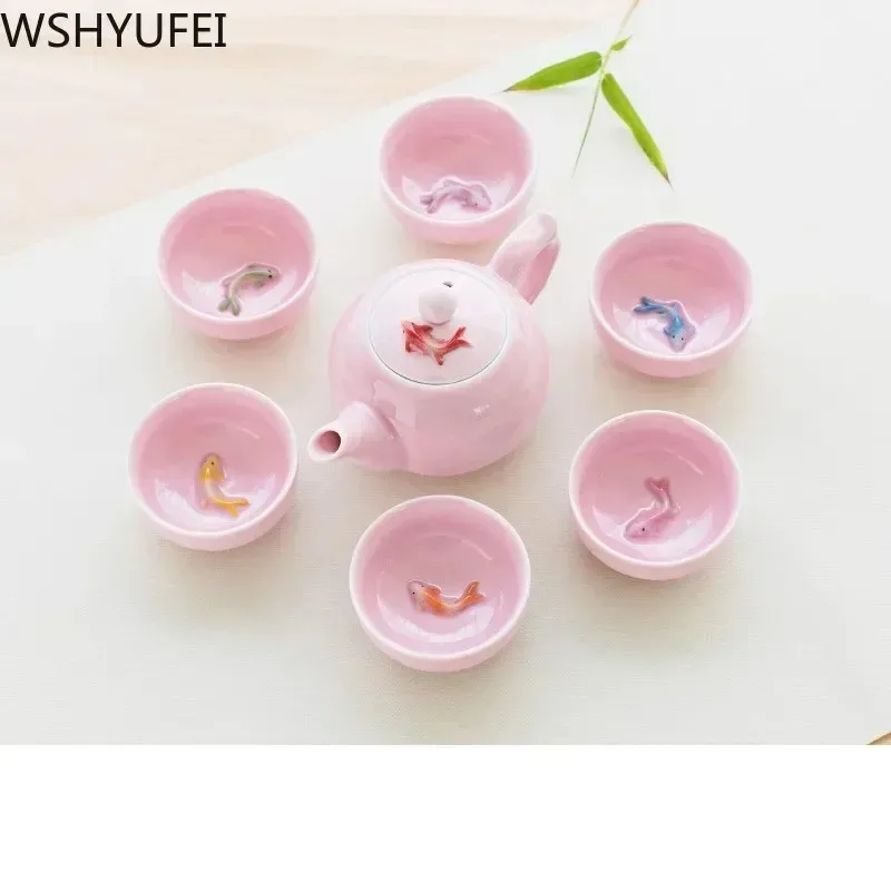 New Style Celadon Fish Tea Set Set Teapot Tea Cup Travel Convenience Tea Set Office Household Drinking Utensils WSHYUFEI