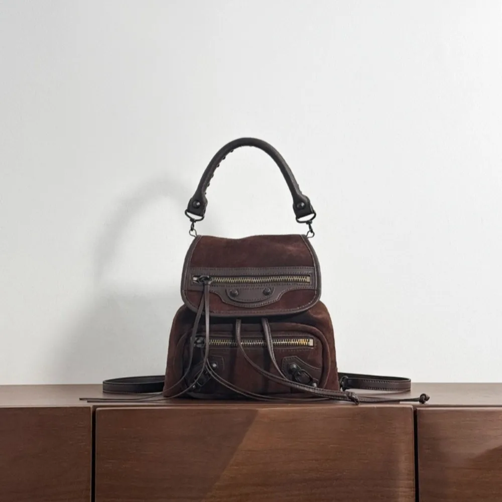 Punk Style Backpack Retro Rivet Mini Locomotive Backpack Premium Suede Portable Bucket Versatile Texture Unique Fashion Simple