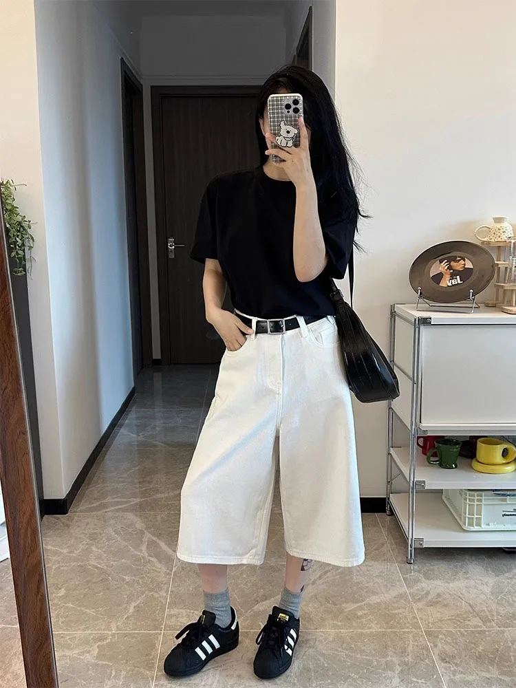 Jean blanc taille haute à jambes droites pour femme, fin, ample, jambes larges, décontracté, sept cinq pantalons, saison d'automne, tendance Faion