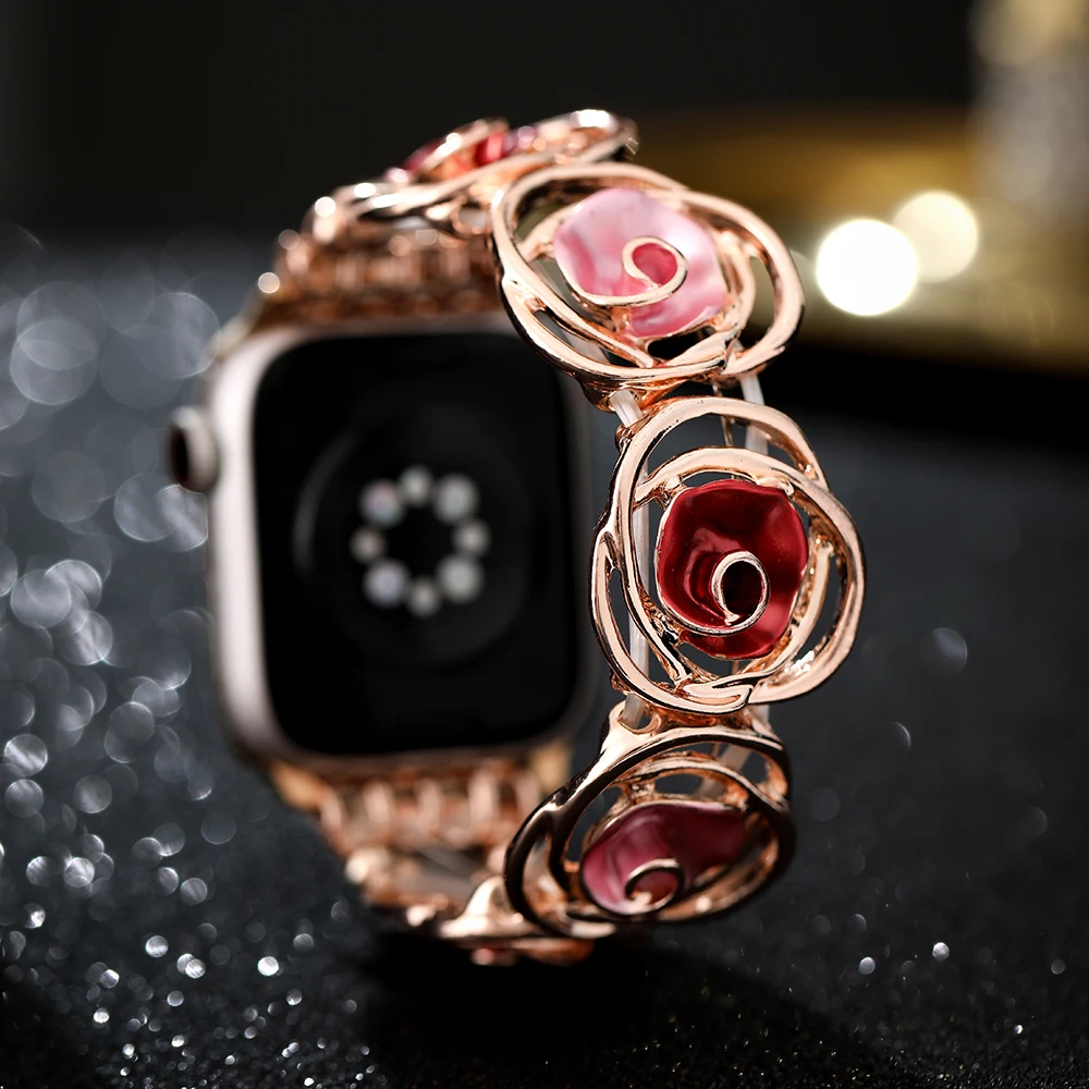 Cinturino con fiore rosa cavo per Apple Watch Ultra 49mm 38 40 41 42 44 45mm Bracciale elastico da donna per iWatch 9 8 7 SE 6 5 4 3