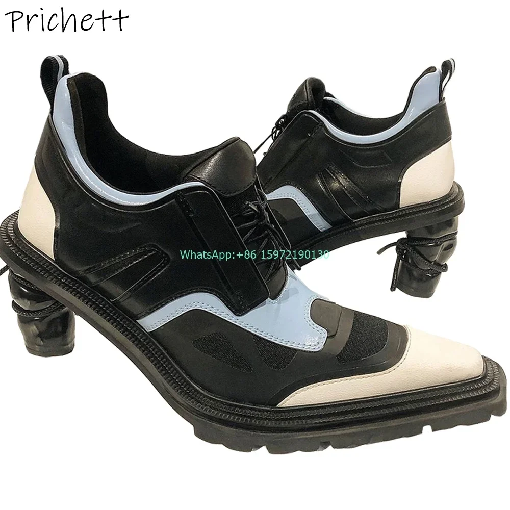 Strange Style Heels Ankle Boots Mixed Color Square Toe Lace Up Sewing Shoes Women\'s Fashion Unique Design Motorcycle Boots