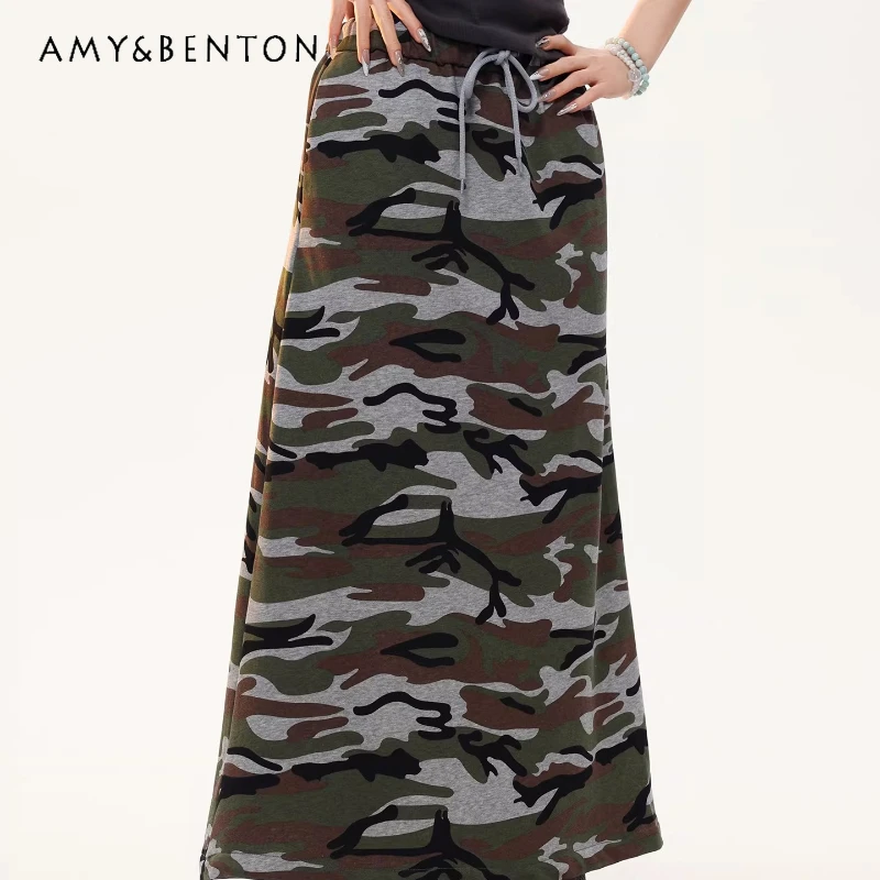 

2026 Spring New Camouflage High Waist Women's Skirt American Retro Elastic Waist Loose Casual Lace-up A-line Long Skirts Ladies
